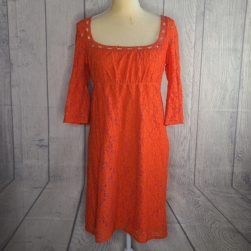 Laundry By Shelli Segal Orange Eyelet Lace Midi Dress Size Small - Picture 1 of 8